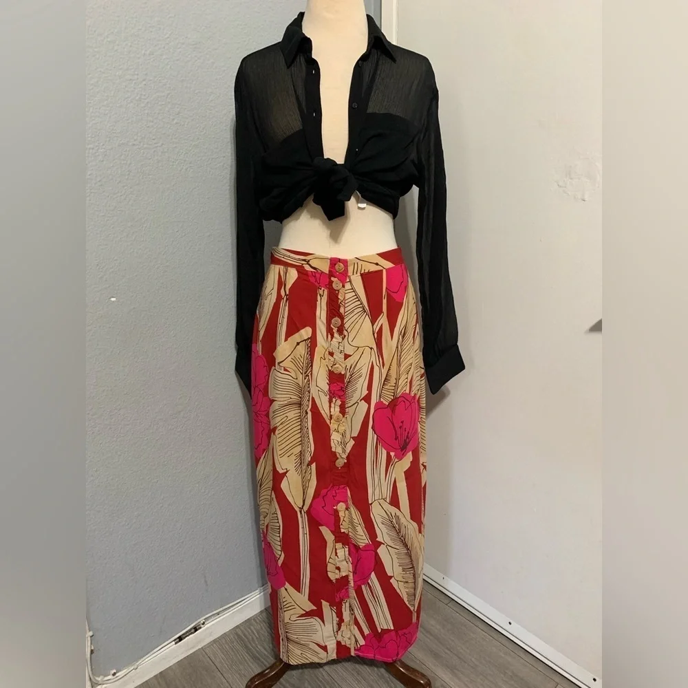 Zara New Women Bohemian Floral‎ Print High Waisted Midi Skirt Size M